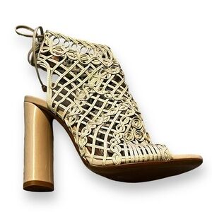 Amanda Gregory High Heels Woven Back Lace Ankle Bootie Open Toe Beige EU38/US 8